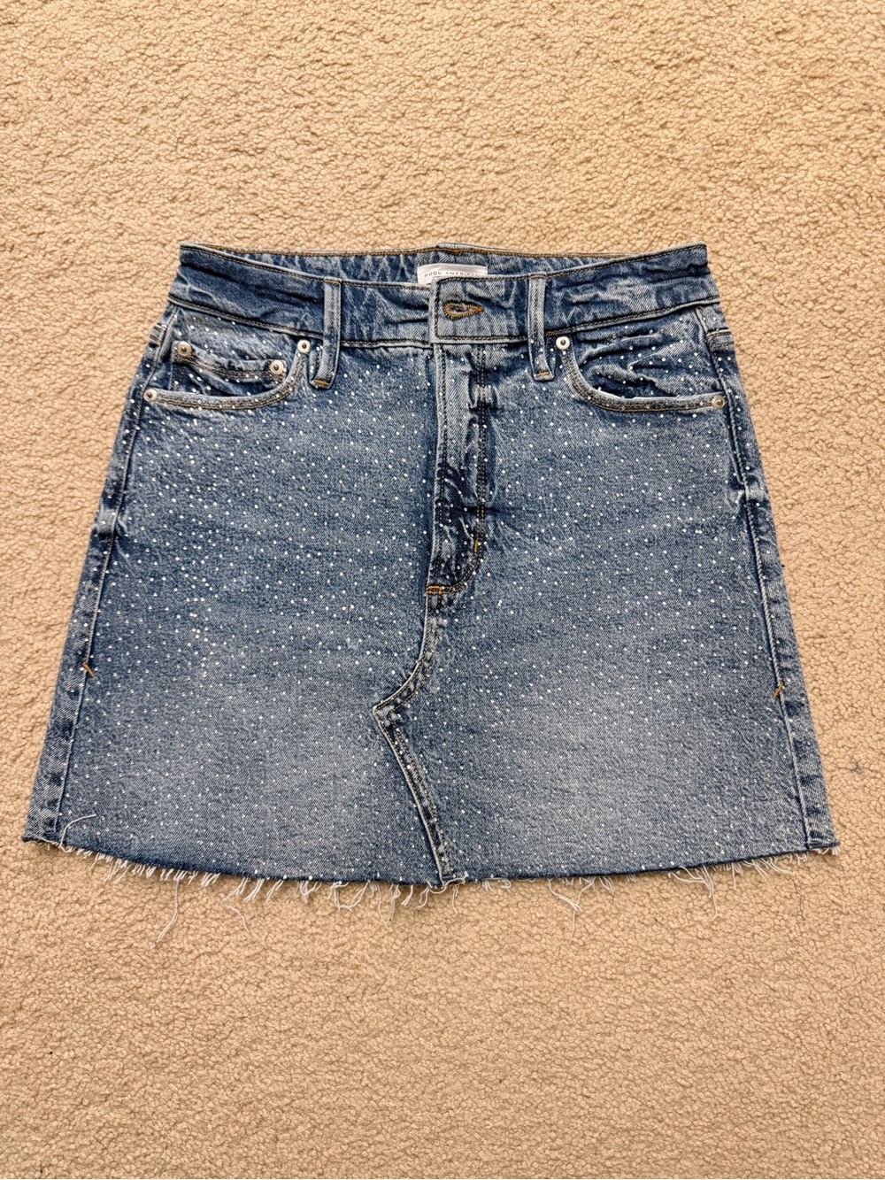 Good American Blue Denim Mini Skirt with Speckled Detail